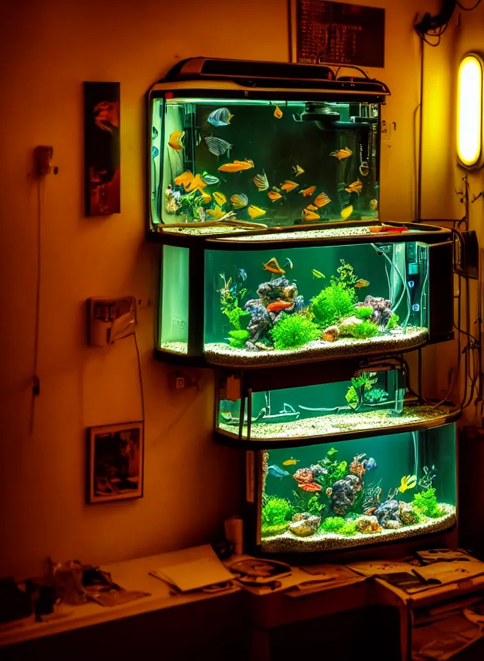 Image similar to telephoto 7 0 mm f / 2. 8 iso 2 0 0 photograph depicting the feeling of chrysalism in a cosy safe cluttered french sci - fi art nouveau cyberpunk apartment in a dreamstate art cinema style. ( ( ( fish tank ) ) ), ambient light.