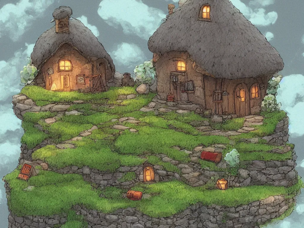 Prompt: cozy cottage on a hill in the style of Miyazaki