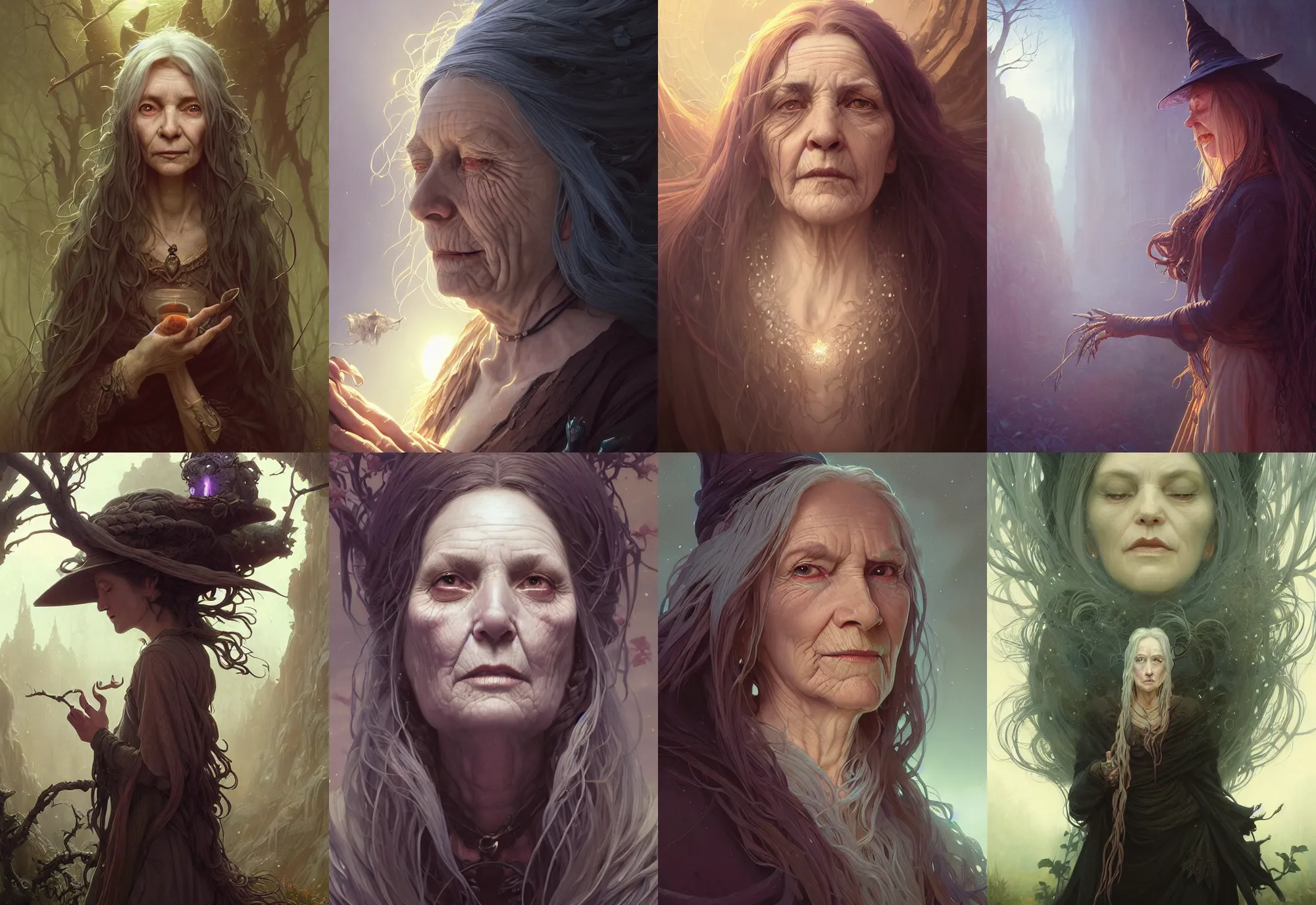 Image similar to highly detailed portrait of an old witch with long hairs, stephen bliss, unreal engine, fantasy art by greg rutkowski, loish, rhads, ferdinand knab, makoto shinkai and lois van baarle, ilya kuvshinov, rossdraws, tom bagshaw, alphonse mucha, global illumination, radiant light, detailed and intricate environment