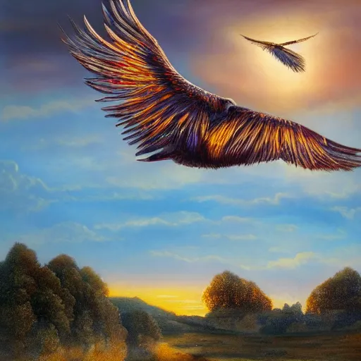 Image similar to a pancake with wings, flapping its wings flying in sunset sky, oil on canvas, portrait, intricate, 8k highly professionally detailed, HDR, CGsociety