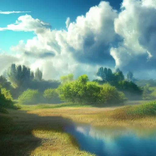 Prompt: peaceful puffy clouds, matte painting, concept art, 4k