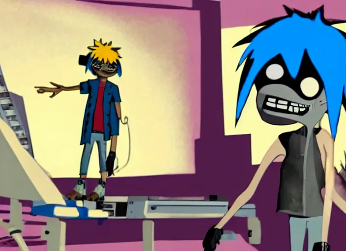 Image similar to 2 d from gorillaz playing a keyboard, blue hair, gorillaz style, jamie hewlett, animated music video screenshot