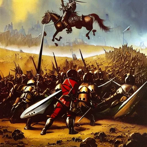 Image similar to a beautiful oil painting of medieval soldiers in shiny armors on a battlefield with pokemons, by Frank Frazetta