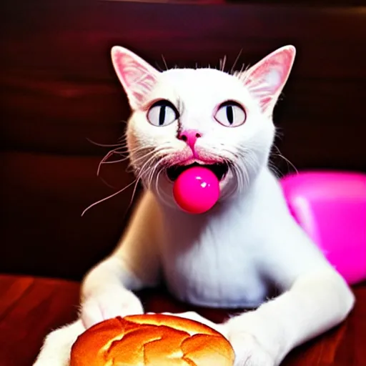 Image similar to photo of a pink cat, with a hamburger inside of it's mouth