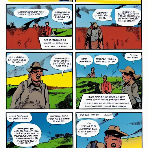 Prompt: comic book page of a farmer yelling, speech bubble with text