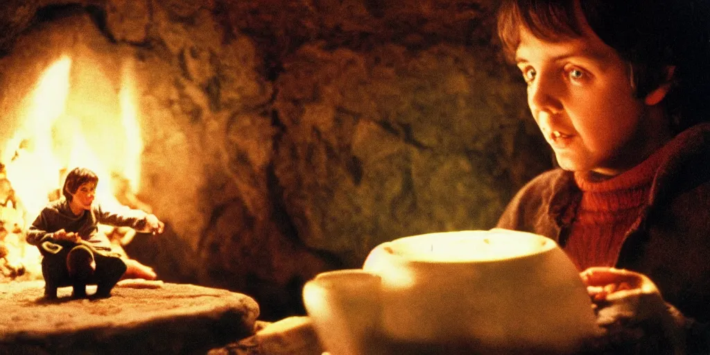 Prompt: A full color still of young adult Paul McCartney looking down at his palm, dressed as a hobbit inside his cozy house at night with light from a fireplace, directed by Stanley Kubrick, 35mm, 1970