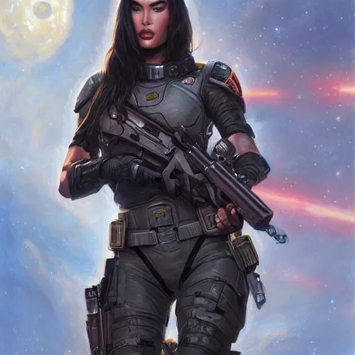 Image similar to Megan Fox as a space soldier, closeup character art by Donato Giancola, Craig Mullins, digital art, trending on artstation