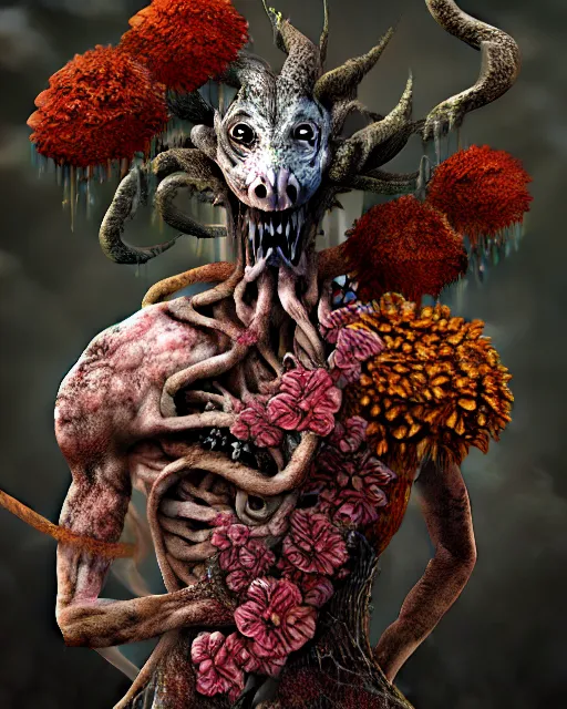 Image similar to a extremely disturbing horror photograph of a fantasy creature made out of nature and flowers and fungus, intricate, hyperrealism, sharp focus, cinematography, highly detailed, octane render, horror cgi 4 k, matte, photograph by professional photographer