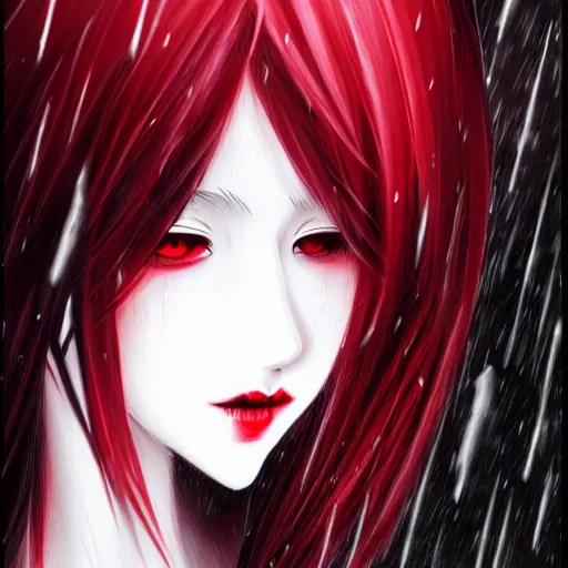 Image similar to beautiful lustful female ghost, in the rain, highly detailed, painting, dark red and black color palette, intricate, high quality anime artstyle, in the style of sana takeda