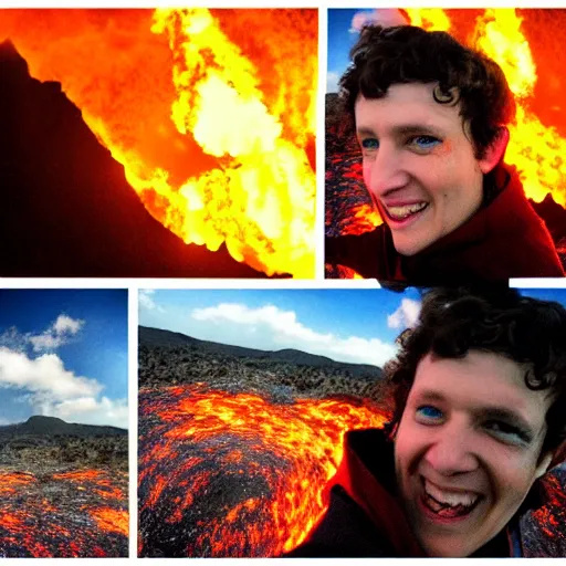 Image similar to Frodo taking a selfie after destroying the one ring inside Mount Doom. Fiery lava is flying through the air on both sides. photograph, go pro, fire , lava, self portrait.