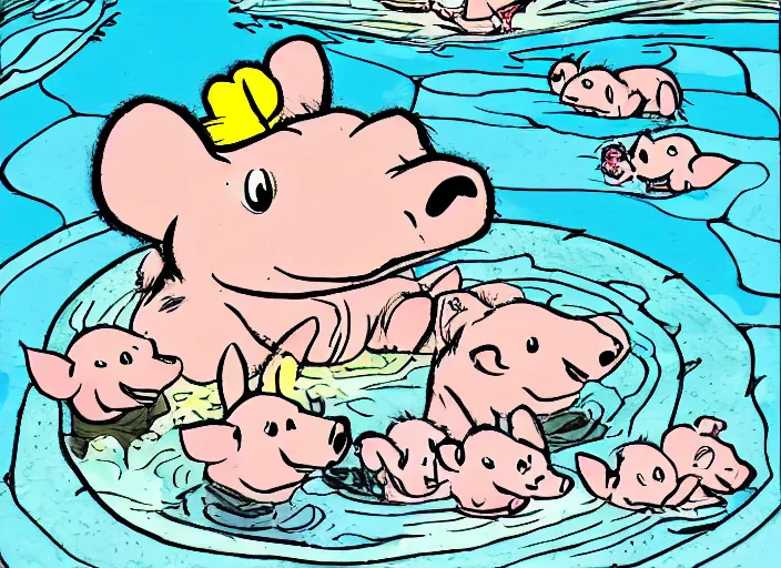 Image similar to one dalmatian piglet surrounded by chickadees in a swimming pool. comic style