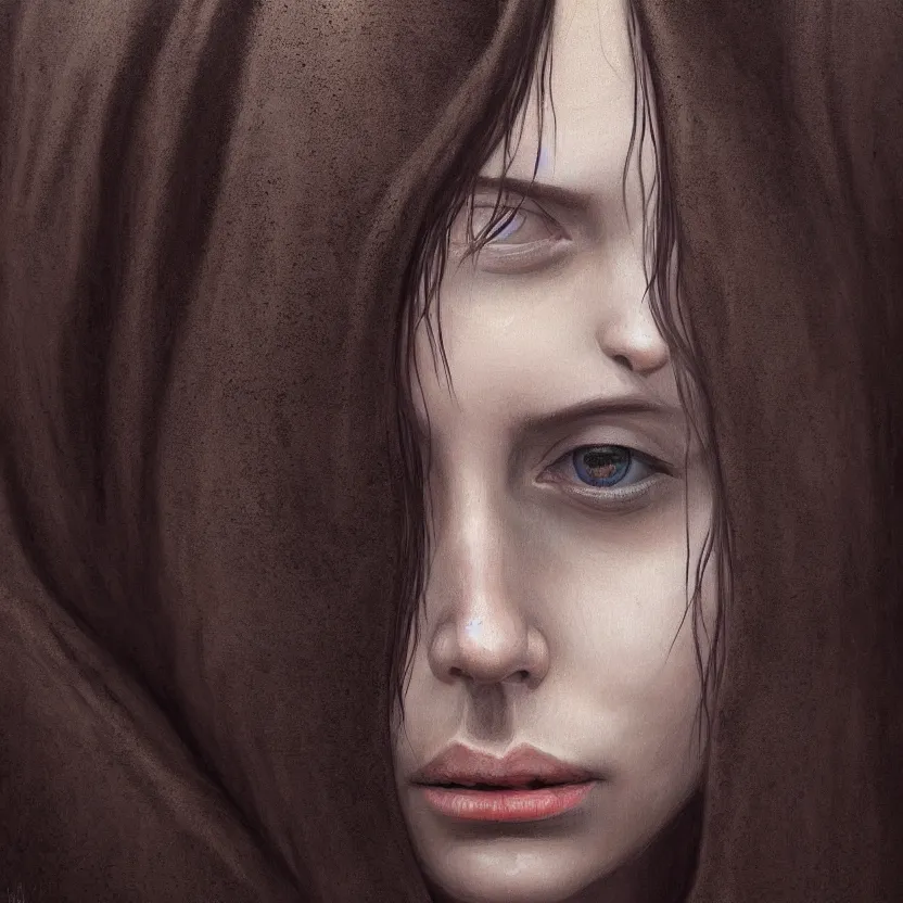 Prompt: Portrait of a young woman with dark hair wearing a hooded robe, non-centered shot, unique, intricate, elegant, highly detailed, digital painting, artstation, concept art, smooth, sharp focus, illustration and art by beksinski
