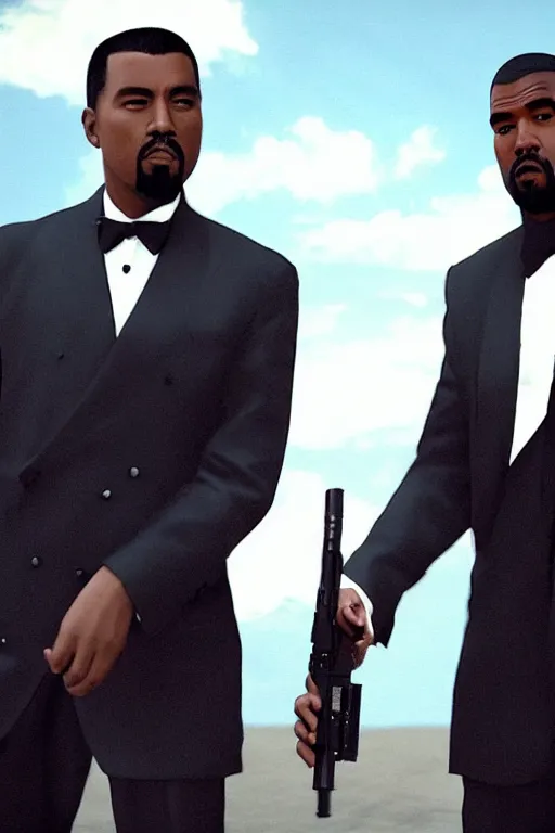 Image similar to hyperrealistic cinematic portrait of chow yun - fat and kanye west, wearing tuxedos, shooting guns in a quentin tarantino movie, 8 k, pulp fiction style, unreal engine