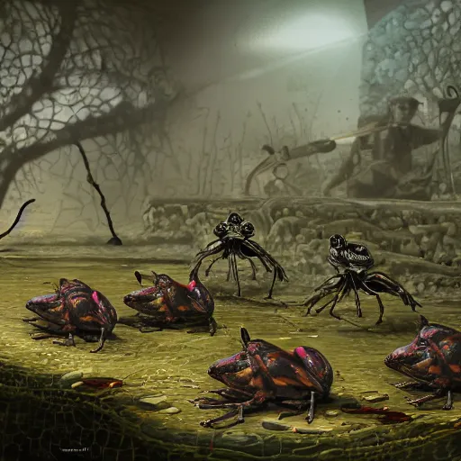 Image similar to the council of armored frogs betrays a fly, wide scene, foreboding, professional digital painting, 4k