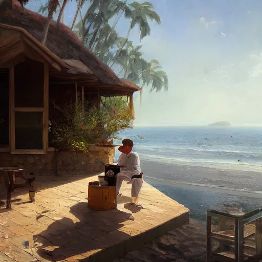 Image similar to a painting of a man sitting down and having a cup of tea in his house by the beach, by greg rutkowski, b - - width 7 6 8