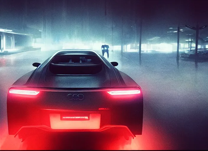 Image similar to Bladerunner 2049 scene front view sports car in small garage dark atmospheric volumetric lighting grungy moody dark cinematic Roger Deakins Cinematography futuristic cyberpunk car GTR NSX Audi R8 S14 Evo X Z06 ikuo maeda Newton Thomas Sigel bladerunner 2049 screen cap still