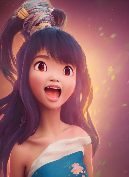 Image similar to a cute asian girl singing, flowing hair in the style of pixar animation, full body shot, viewed from bellow, award winning, hyper detailed, studio lighting, artstation, octane renderer, unreal engine