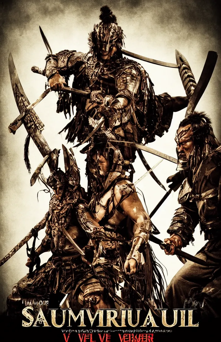Prompt: movie film poster art for samurai vs predator film shot in feudal japan staring hiroyuki sanada as a disgraced ronin who hunts down the predator after he fails to protect his master from it. in the style of ansel adams, frank frazzetta, warcraft