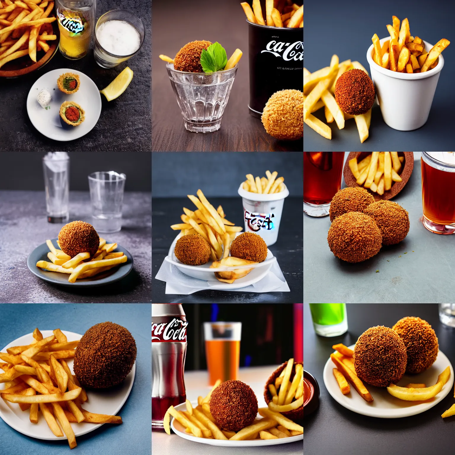 Prompt: A scotch egg and fries, with a glass cup filled with Coca Cola, award winning food photography, high quality, 4k