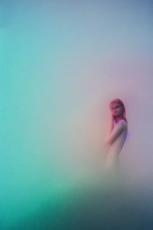 Image similar to high quality pastel coloured film close up wide angle photograph of a model wearing clothing swimming on cloud furniture in a icelandic black rock!! environment in a partially haze filled dreamstate world. three point light, rainbow. photographic production. art directed. pastel colours. volumetric clouds. pastel gradient overlay. waves glitch artefacts. extreme facial clarity. 8 k. filmic.