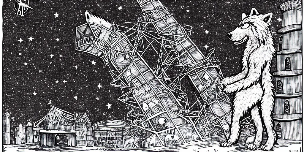 Prompt: anthropomorphic furry wolf inside a giant tower that tracks the stars and planets, illustration