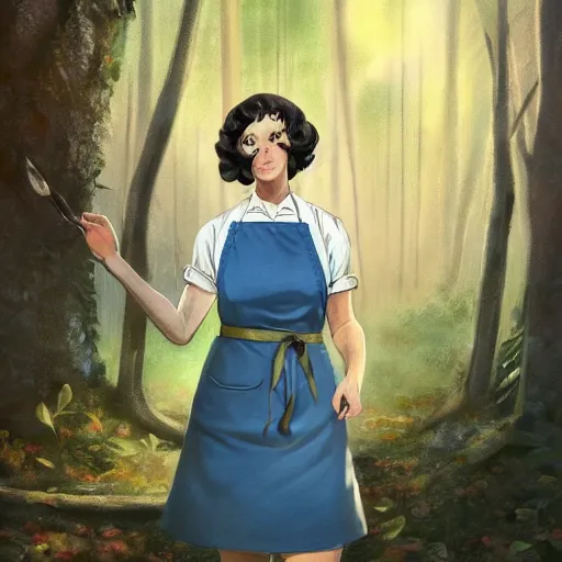 Image similar to a portrait of a 1 9 6 0 s woman with curly black hair and blue eyes, and an apron in the forest, dynamic lighting, fantasy concept art, trending on art station, stunning visuals, cinematic, ultra detailed