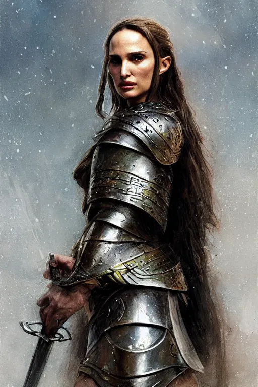 Prompt: natalie portman, warrior, clothed in metal battle armor, lord of the rings, tattoos, decorative ornaments, by carl spitzweg, ismail inceoglu, vdragan bibin, hans thoma, greg rutkowski, alexandros pyromallis, perfect face, fine details, realistic shading, photorealism