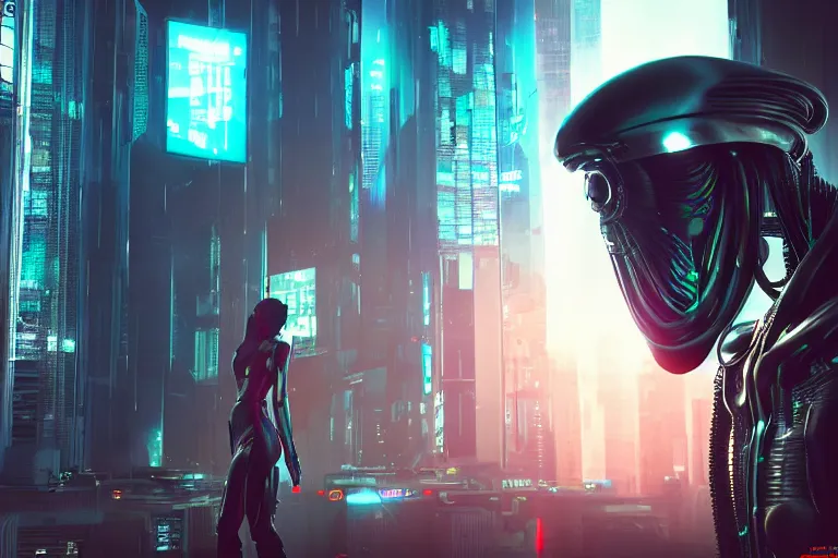 Image similar to cyberpunk alien concept inspired street, futuristic look, highly detailed body, very powerful, photorealistic camera shot, bright studio setting, studio lighting, crisp quality and light reflections, unreal engine 5 quality render