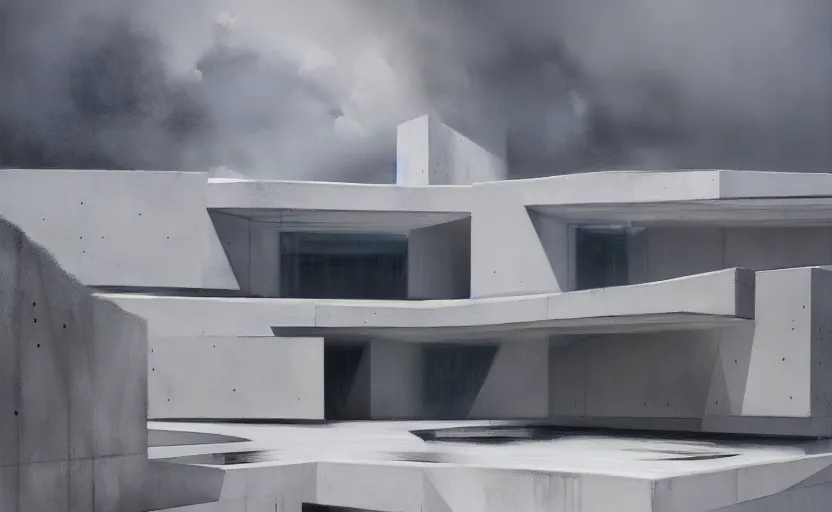 Image similar to painting of exterior shot of a white concerete brutalist house architecture with big pools designed by zaha hadid and peter zumthor by darek zabrocki, greg ruthkowski, cinematic and cold atmospheric, archillect concept art, artstation, trending on artstation