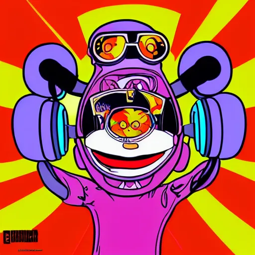 Prompt: artgerm, psychedelic laughing cybertronic muppet - baby, rocking out, headphones dj rave, digital artwork, r. crumb, svg vector
