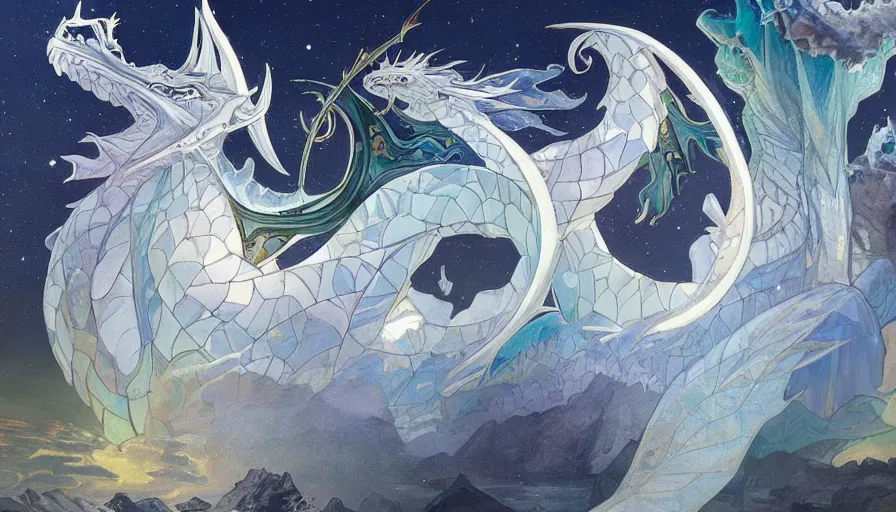 Image similar to epic ice dragon with trendy shapes in a nordic landscape under aurora and stars, set in the words of the Forgotten Realms and Guildwars2, painted by Hans Fredrik Gude, alphonse mucha and Artgerm, concept art 2022, ultra realistic masterpiece