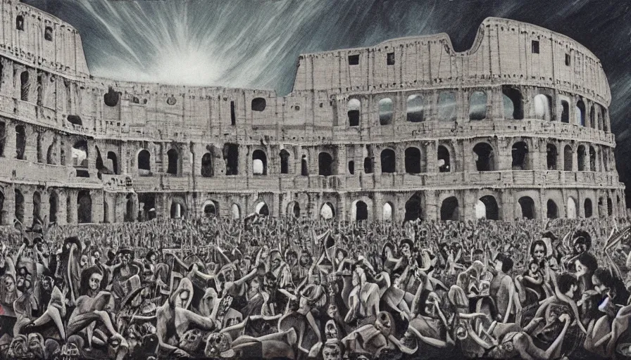 Image similar to rave party at the Colosseum by Kelly Freas