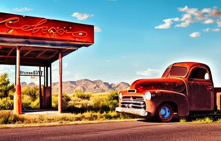 Image similar to A beautiful colorful evening scene of route66, 1950’s old road with abandoned gas station and rusty old pickup truck in the back, hyper realistic, softlight, blinding backlight evening sun, sparkling sun rays, epic scene, intense setting, evening vibe