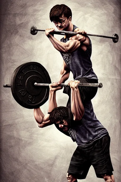 Image similar to highly detailed rendering of Daniel Radcliffe as Harry Potter doing barbell back squats, dingy workout gym, wearing a muscle tee shirt, muscular deep squats, symmetrical, highly detailed, digital painting, artstation, concept art, smooth, sharp focus, illustration, cinematic lighting, art by artgerm and greg rutkowski and alphonse mucha