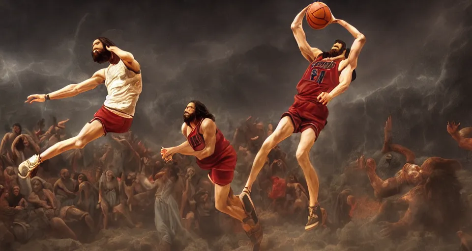 Prompt: biblical scene of jesus dunking a basketball versus satan, michaelangelo, matte painting, concept art, 4 k