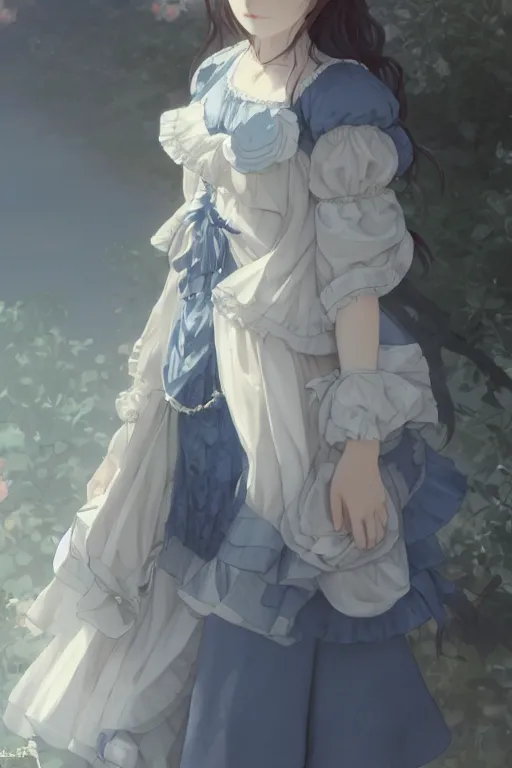 Image similar to a character design of a young lolita dressed girl, full body, grey and blue theme, wavy white long hair by krenz cushart and mucha and akihito yoshida and makoto shinkai and greg rutkowski, 4 k resolution