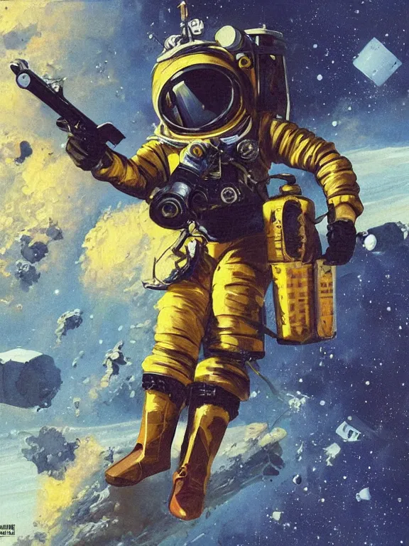 Image similar to a painting of a man in a space suit holding a gun, concept art by chris foss, cgsociety, retrofuturism, concept art, future tech, sci - fi