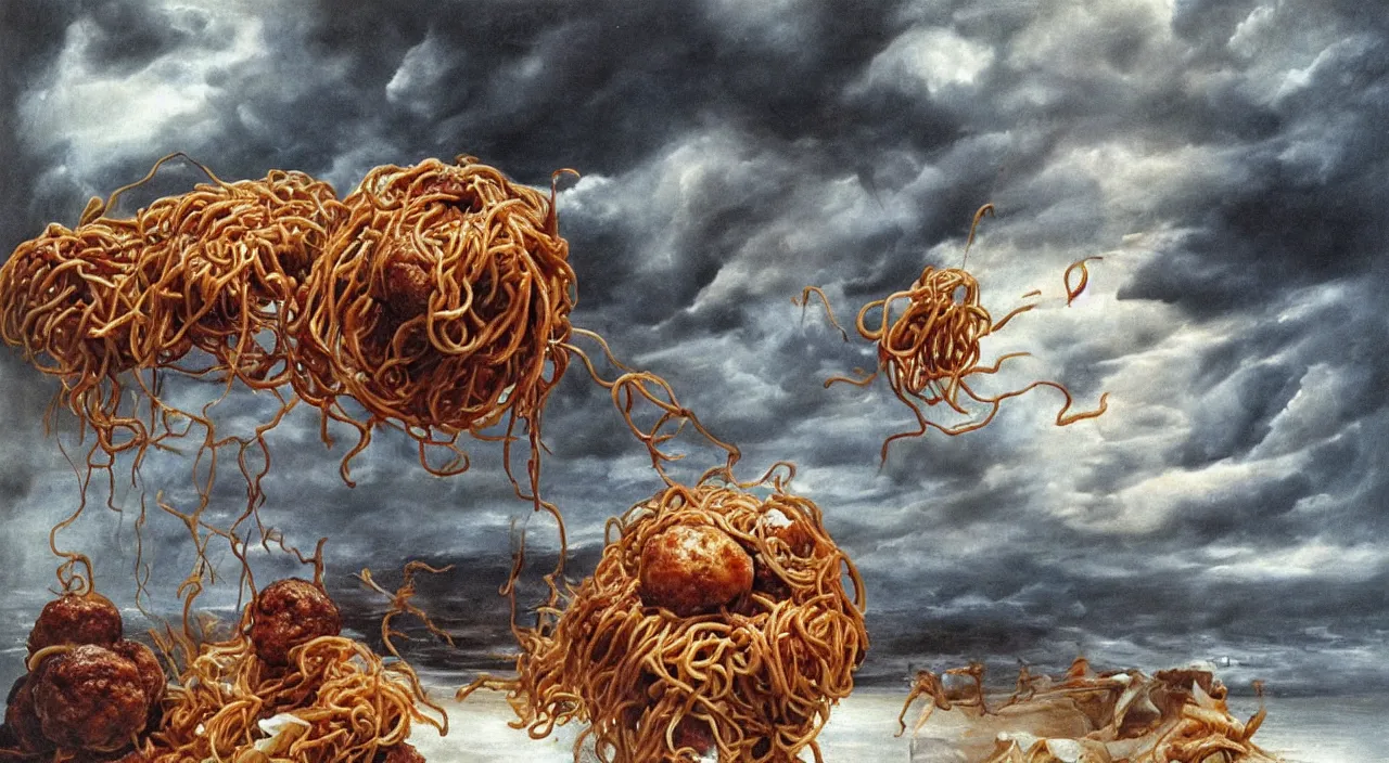 Image similar to 3 0 perfect woman bodies flying inside spaghetti bolognesa with meatballs and hundred rusted perfect woman bodies flying in stormy clouds by dali, hyper - realism