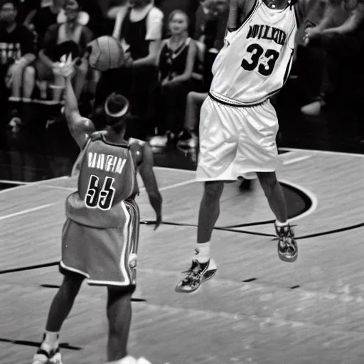 Prompt: an very old black and white grainy picture of allen iverson shooting a basketball