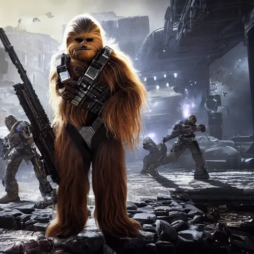 Image similar to chewbacca in gears of war, splash art, movie still, detailed face, photorealistic facial features, cinematic lighting, dramatic, octane render, long lens, shallow depth of field, bokeh, anamorphic lens flare, 8 k, hyper detailed, 3 5 mm film grain