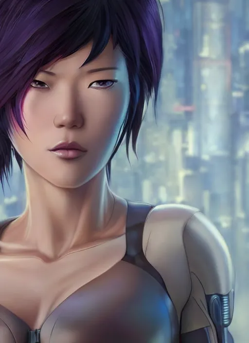 Image similar to weta disney pixar movie still portrait photo of motoko kusanagi the major ghost in the shell : : as cyborg woman by pixar : : by weta, wlop, ilya kuvshinov, rossdraws, artgerm, maxim cover, octane render, anime, octane render, 3 d, volumetric lighting, anti aliasing, raytracing : :