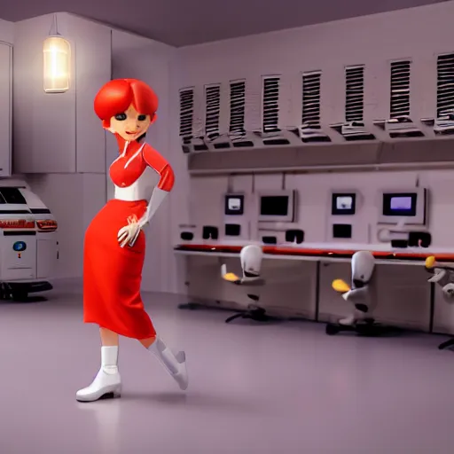 Image similar to pixar - style rendering of : roll is repairing computers in dr. light's laboratory. roll is a cute female ball - jointed robot ( inspired by osamu tezuka ) who has blonde hair with bangs and a ponytail tied with a green ribbon. she is wearing a red one - piece dress with a white collar, and red boots.