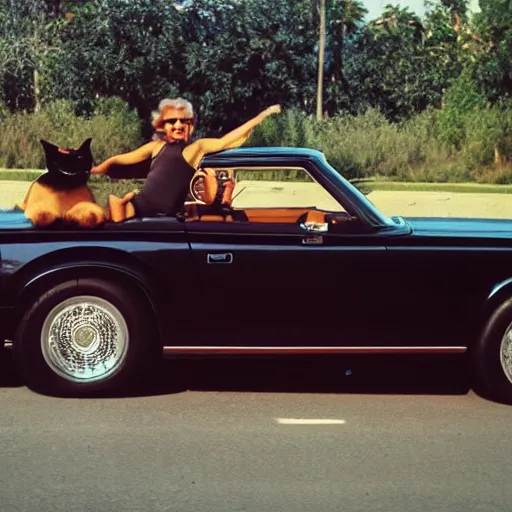 Prompt: A human scaled black cat cruising in a convertible from the 70s