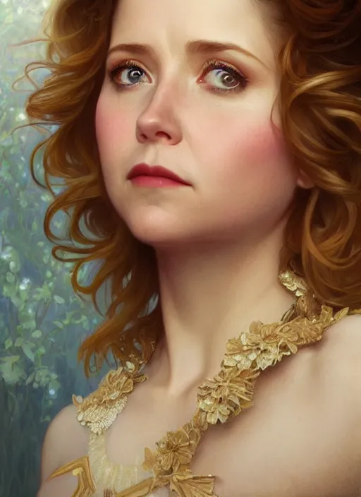 Image similar to beautiful portrait of jenna fischer, by magali villeneuve and greg rutkowski and artgerm and alphonse mucha, intricate, elegant, highly detailed, photorealistic, trending on artstation, trending on cgsociety, 8 k, sharp focus