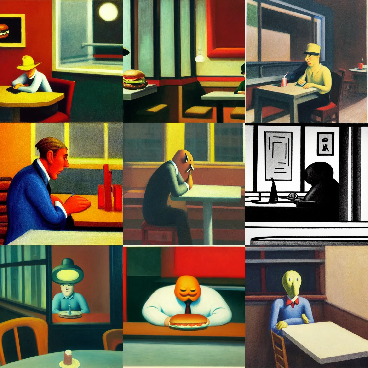 Prompt: an anthropomorphic hamburger with sad eyes sitting alone at his desk in a restaurant at night, edward hopper