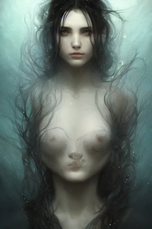 Image similar to floating in deep dark murky water!!!, underwater atmospheric mood, dark surreal mood! cinematic volumetric lights, bust portrait, dnd, fantasy, intricate, elegant, highly detailed, digital painting, artstation, concept art, smooth, sharp focus, illustration, art by artgerm and tom bagshaw and greg rutkowski and alphonse mucha