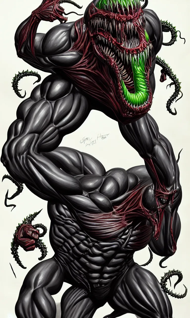 Image similar to hyper realistyc anatomically acurate full body long shot of bodybuilder venom from marvel comics!!!!, large mouth with teeth, lovecraftian horror, fantasy, intricate, elegant, highly detailed, digital painting, artstation, concept art, matte, sharp focus, illustration, art by glenn fabry