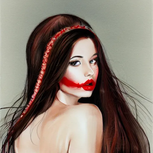 Prompt: an exquisite portrait illustration, a woman with long hair and red dress, white and flawless skin, heavy makeup, thick paint, brush strokes, white background