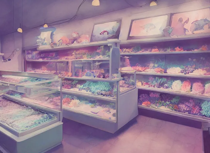 Image similar to placid pastel deep cozy moody cluttered painterly fluffy tiny cramped pet store counter, aisles of aquariums, slanted ceiling, tiny space, particulate, trending on pixiv