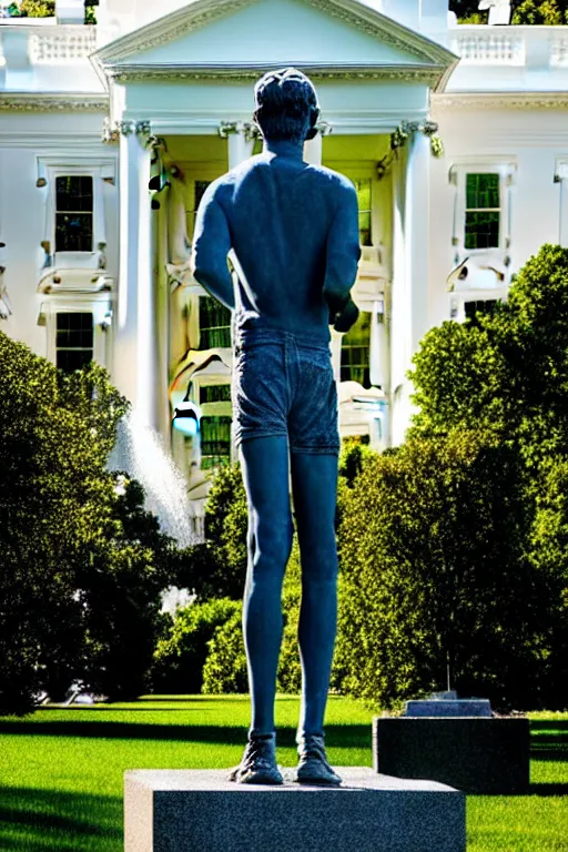 Prompt: A beautiful stone statue of Mark Zuckerberg in front of the White House, photo by Steve McCurry, heroic pose, detailed, smooth, smiling